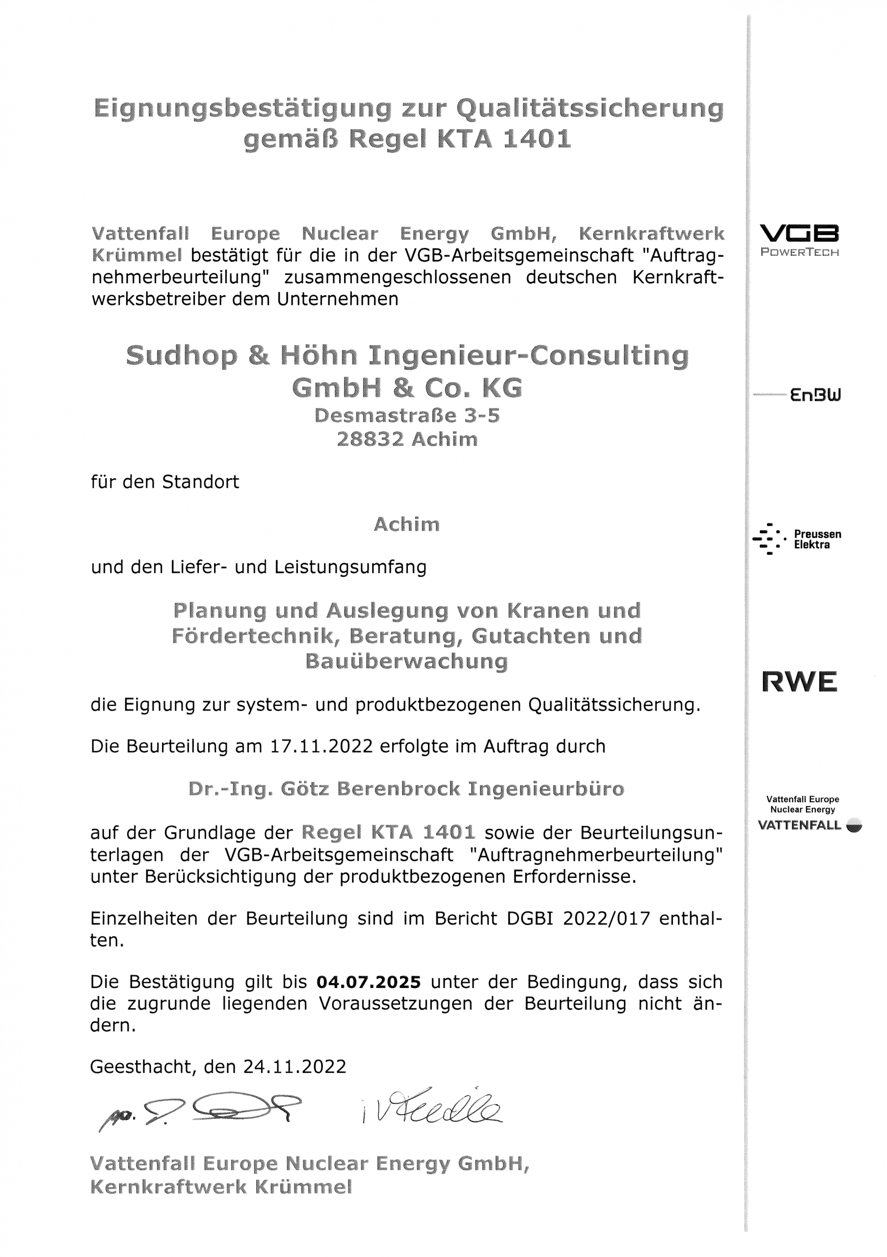 Eignungsbestätigung Qualitätssicherung gemäß Regel KTA 1401